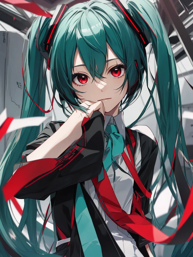 hatsune miku, red eyes, black hair