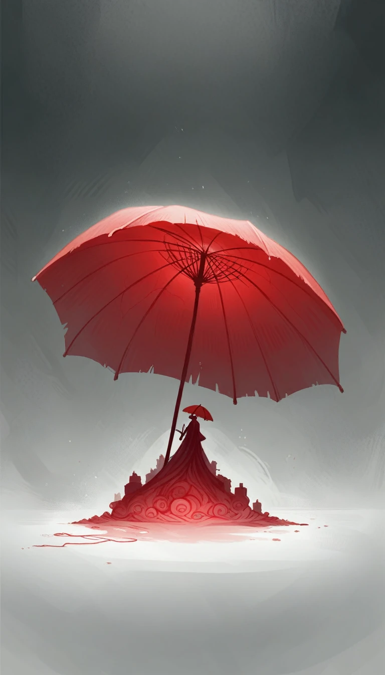a figure,red umbrella,simple geometric abstract,cubism,minimalist,chiaroscuro lighting,dramatic shadows,surreal,high contrast,moody,striking composition