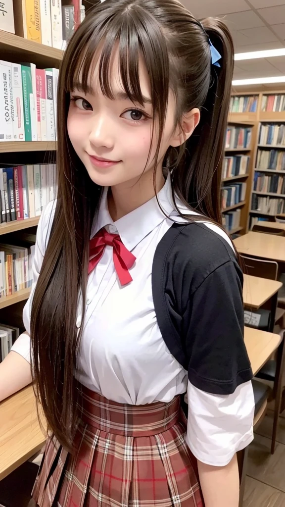 Best quality, masterpiece, ultra-high resolution, 8K, (reality: 1.4), RAW shooting, most detailed face, very detailed and perfect anatomy, live photography; most beautiful face; shining skin; one 18-year-old Japanese.My bangs and eyes are big and cute.It has brown eyes, gentle eyes, long brown hair, a young face, and a large chest.E-cup. Look at the audience.angelic smile.Cosplay, Japanese high school girls, glossy white short-sleeved shirts, red ribbons, plaid pleated skirts, and a ponytail.school library.