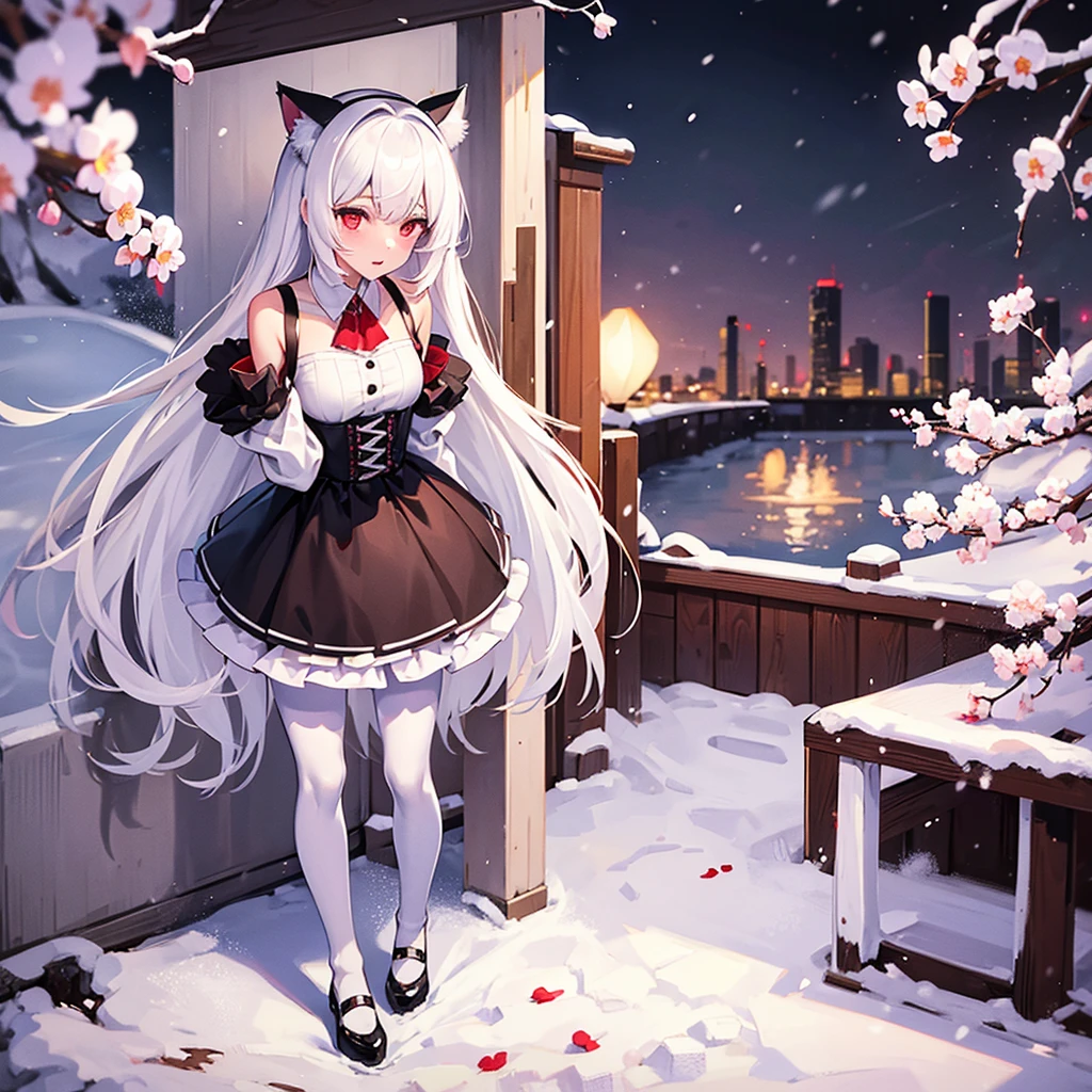 White hair, cat ears, red eyes, 1 girl, white pantyhose, black short skirt, high quality, snow, cherry blossom, (a snowy cherry blossom hot spring)