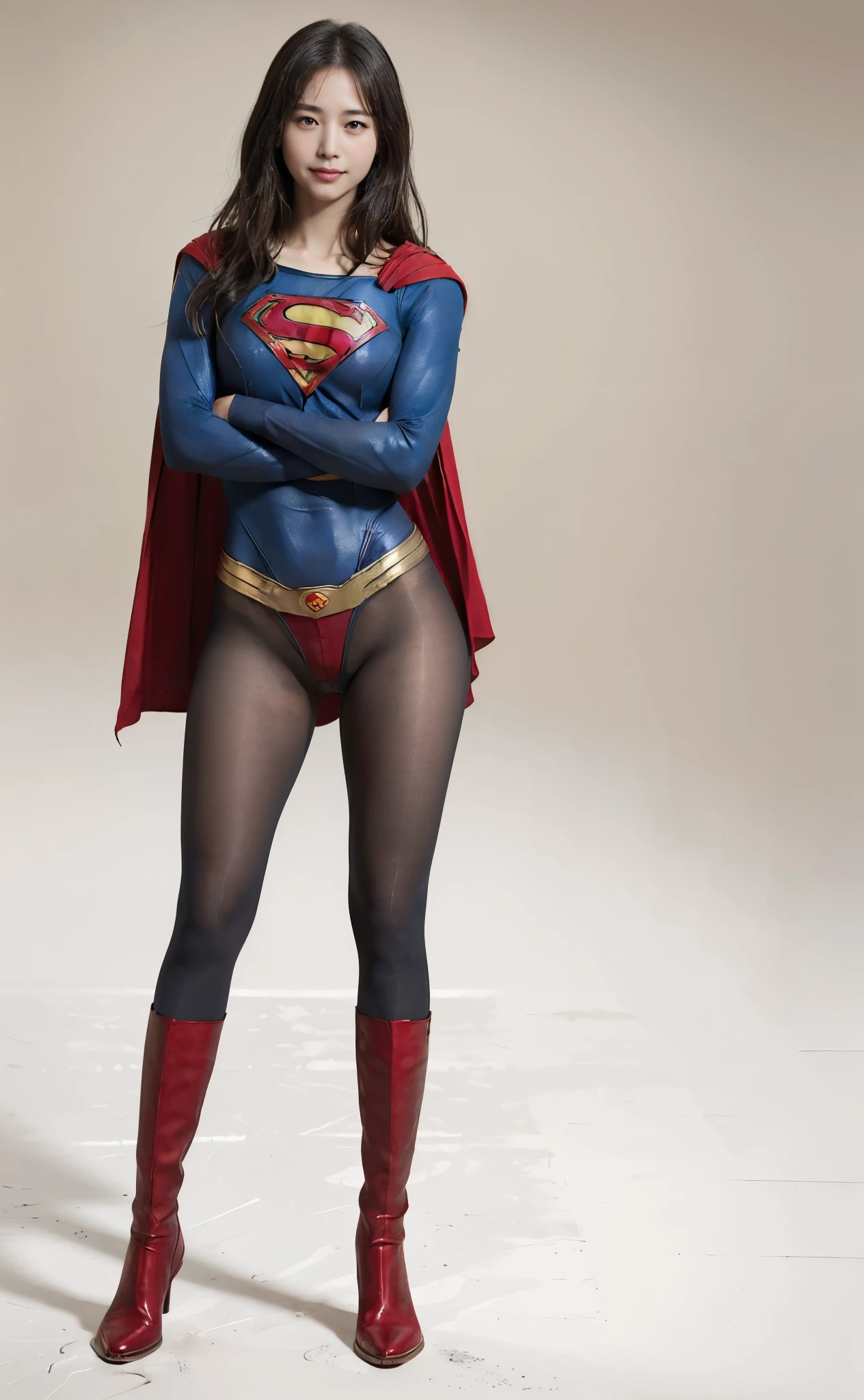 No background、(((Beautiful legs in black tights.)))、(((Legally express the beauty of your smile)))、((((Make the most of your original images)))、(((Supergirl Costume)))、(((Beautiful very short hair)))、(((suffering)))、(((Please wear black tights....、Wear red boots)))、((Best image quality、8K))、((Highest quality、8K、masterpiece:1.3))、(((Preserve background )))、Sharp focus:1.2、Beautiful woman with perfect figure:1.4、Slim Abs:1.2、Wet body:1.5、Highly detailed face and skin texture、8K