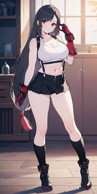 (8K, best quality, masterpiece:1.2), (Practical, photo-Practical:1.37), (whole body), 1female Solitary girl, permanent, , (broad stance) permanent contrapposto, Extremely detailed, 1 girl,Lovely, Solitary, (Tifa Lockhart), (Large Breasts:1.5),(((Full and soft breasts,)))(((Huge breasts))) (((Cleavage))) (beautiful detailed Eye), (Smile:1.2), (Shut up), Clear focus, Depth of Field, Good composition, Final Fantasy VII, Very long straight hair, Hair bangs, ((Red_Eye)), complex, Bokeh, (Tetsuya Nomura style), Perfect breasts, White vest, Black Thong, Suspenders, Gloves, stocking, Fit body, sports, Wide hips, Thin waist, Toned arms, Exposing the belly, View from behind