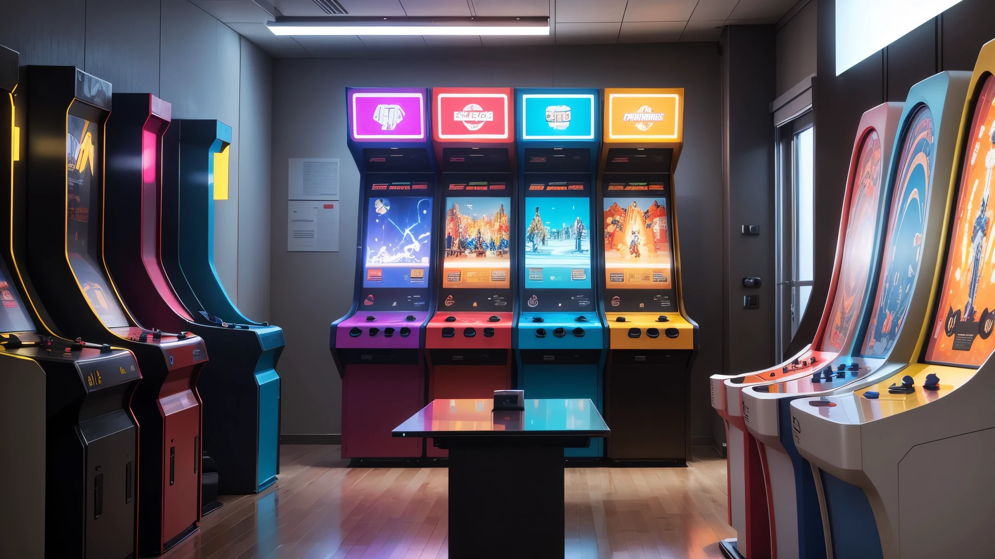 Modern arcade machine in a minimalist environment, featuring high-definition LED lighting, HDR, 4K, emphasizing sleek lines and vivid colors.