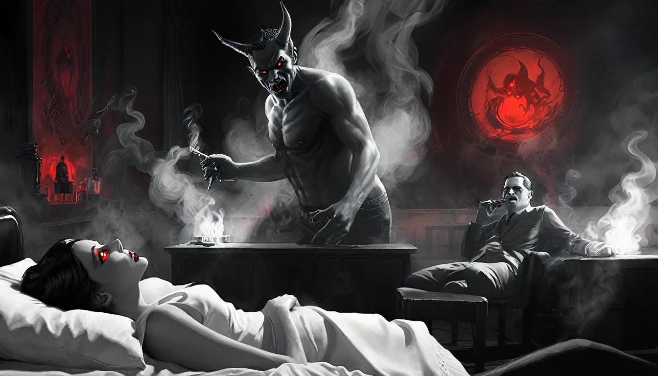 man trying to poke her with a demon at a bed side smoking and drinking,something evil there is smoke in the environment, quality black and white comic style the stage is dark and is in the background are shadow men, gl9wing red contrasting eyes