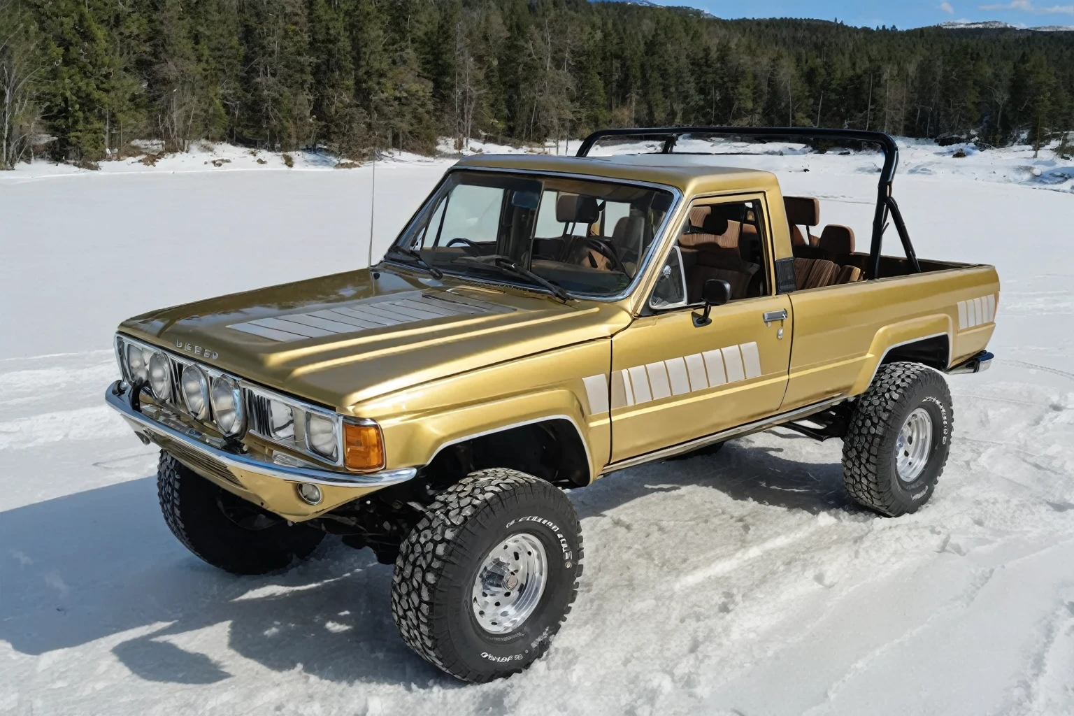 6x6 heavy pickup truck 1970 Jeep Gladiator, (quartering in view), ((metallic gold) body), lifted, modified, topper off, chrome stock spoke wheels, (chrome) grill, blue sky, driving (up) (mountains), ((deep snow):1.9), 8k, uhd, dslr, perfect focus, brown sr5 stripes 