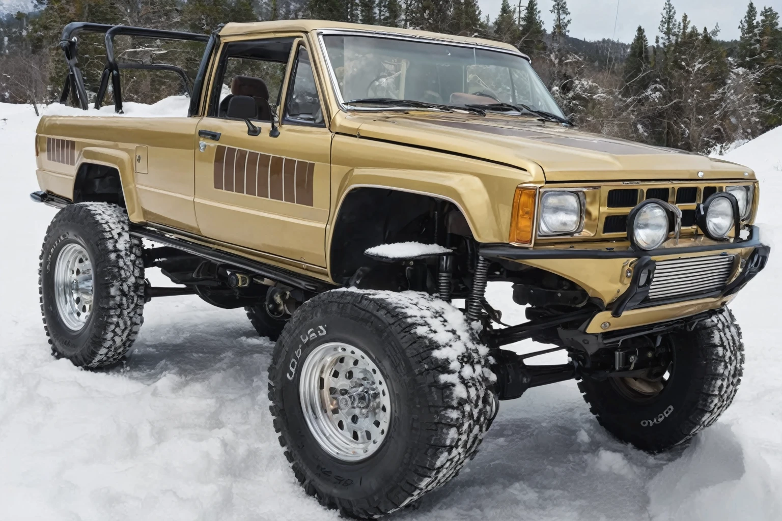 6x6 heavy pickup truck 1970 Jeep Gladiator, (quartering in view), ((metallic gold) body), lifted, modified, topper off, chrome stock spoke wheels, (chrome) grill, blue sky, driving (up) (mountains), ((deep snow):1.9), 8k, uhd, dslr, perfect focus, brown sr5 stripes 