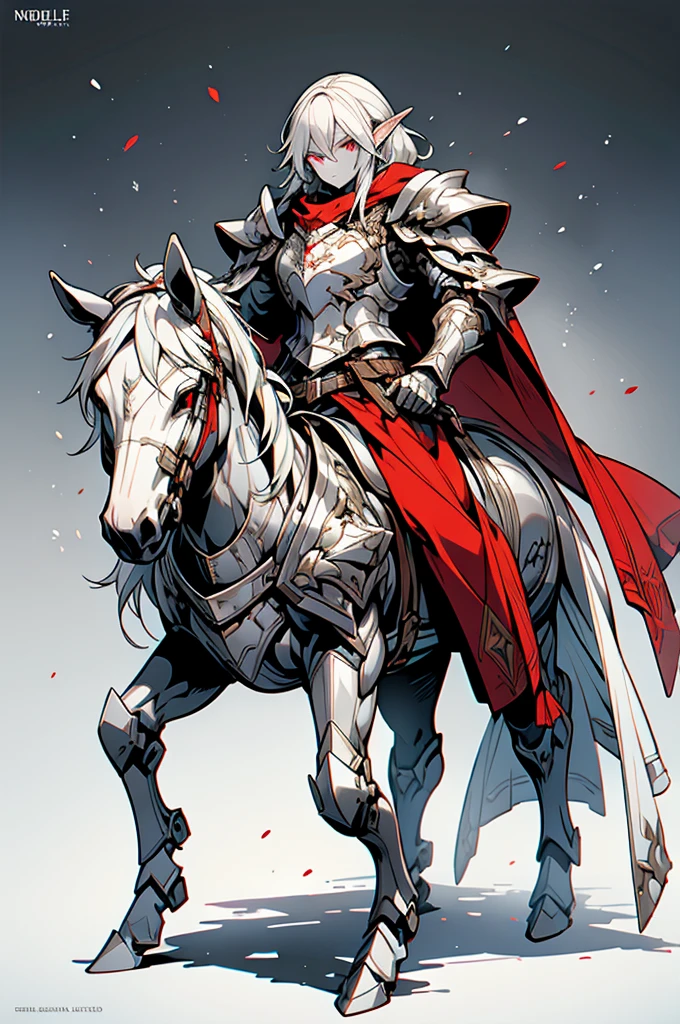 male half elf knight, full body art, silver hair, white skin, red iris eye, knight full plate adorned armor, silver cape, perfectly detailed, mounted on a armored horse