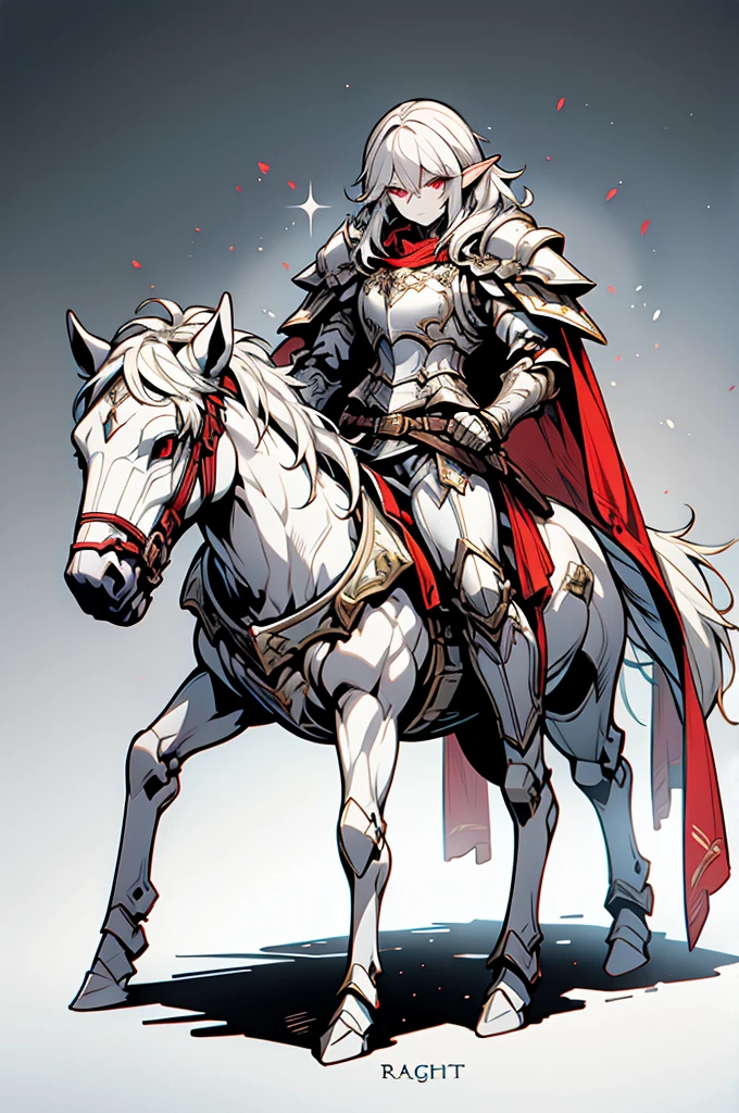 male half elf knight, full body art, silver hair, white skin, red iris eye, knight full plate adorned armor, silver cape, perfectly detailed, mounted on a armored horse