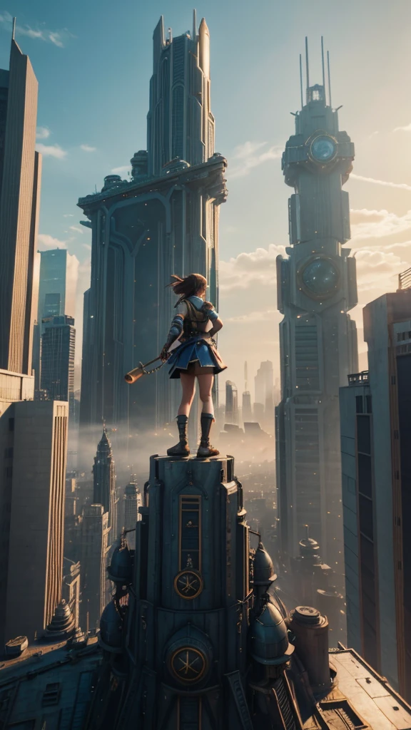 The giant girl wields a hammer and destroys the city,Girl sitting on a building,A giant woman in a lying on top of a cyberpunk city, Wear short skirts,Little guys running around the giant girl,The little person panicked and ran away,Many cars pass by, Standing on her hand, cgsociety 9, 2. 5 d cgi fantasy art, engine rendering unreal + a goddess, full body cgsociety, artgerm ; Hyper realistic 3d content, giant art, super detailed 3d matte paintings, super detailed 3d matte paintings, realistic fantasy art, realistic 3 d anime style. Beautiful girl. Big thighs."The boy stood on the top of a high-rise building waving to the girl". Color ultra 4k.