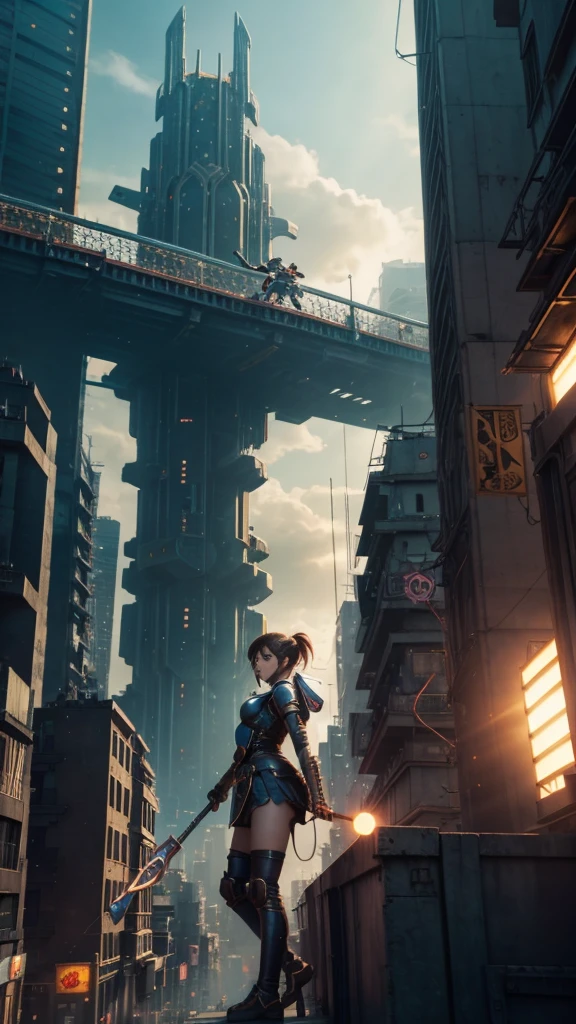 The giant girl wields a hammer and destroys the city,Girl sitting on a building,A giant woman in a lying on top of a cyberpunk city, Wear short skirts,Little guys running around the giant girl,The little person panicked and ran away,Many cars pass by, Standing on her hand, cgsociety 9, 2. 5 d cgi fantasy art, engine rendering unreal + a goddess, full body cgsociety, artgerm ; Hyper realistic 3d content, giant art, super detailed 3d matte paintings, super detailed 3d matte paintings, realistic fantasy art, realistic 3 d anime style. Beautiful girl. Big thighs."The boy stood on the top of a high-rise building waving to the girl". Color ultra 4k.