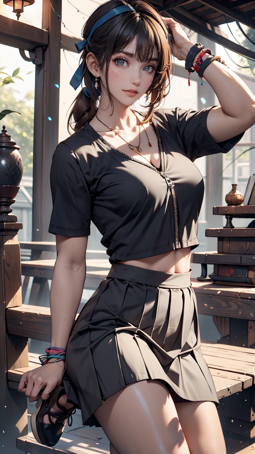 Wooden trestle bridge, Similar in style, Connecting、24 year old Japanese woman、Sexy proportions、Sexy、Narrow waist、Inner Color((colored inner hair))、Tying up hair((tied hair))、hair band((hair ribbon))、Wear high-neck zipper-up tops、Wear a mini pleated skirt、Wear thick-soled sandals、Put a wristband on your wrist、Attach a necklace
