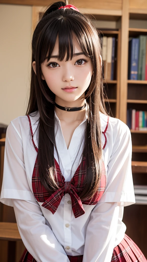 Best quality, masterpiece, ultra-high resolution, 8K, (reality: 1.4), RAW shooting, most detailed face, very detailed and perfect anatomy, live photography; most beautiful face; shining skin; one 18-year-old Japanese.My bangs and eyes are big and cute.It has brown eyes, gentle eyes, long brown hair, a young face, and a large chest.E-cup. Look at the audience.angelic smile.Cosplay, Japanese high school girls, glossy white short-sleeved shirts, red ribbons, plaid pleated skirts, and a ponytail.school library.