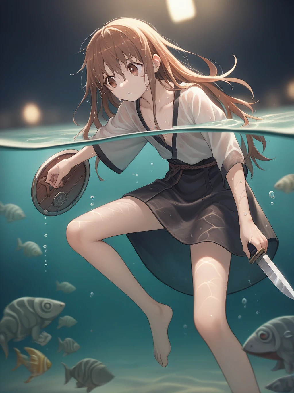 score_9, score_8_superior, score_7_superior, score_6_superior, sauce_anime, Partially underwater,最high quality,high quality,Simple leather clothing, One girl, Long Hair, Brown Hair, Wet Hair, Dark Background, Blurred Edges,8--old,enturer,Flat Chest,Pitch-dark underground labyrinth,No light,Robe,Equipped with a dagger and a shield,水面よりsuperiorの顔,Body in water, Underwater Photography,The skirt flips up due to buoyancy