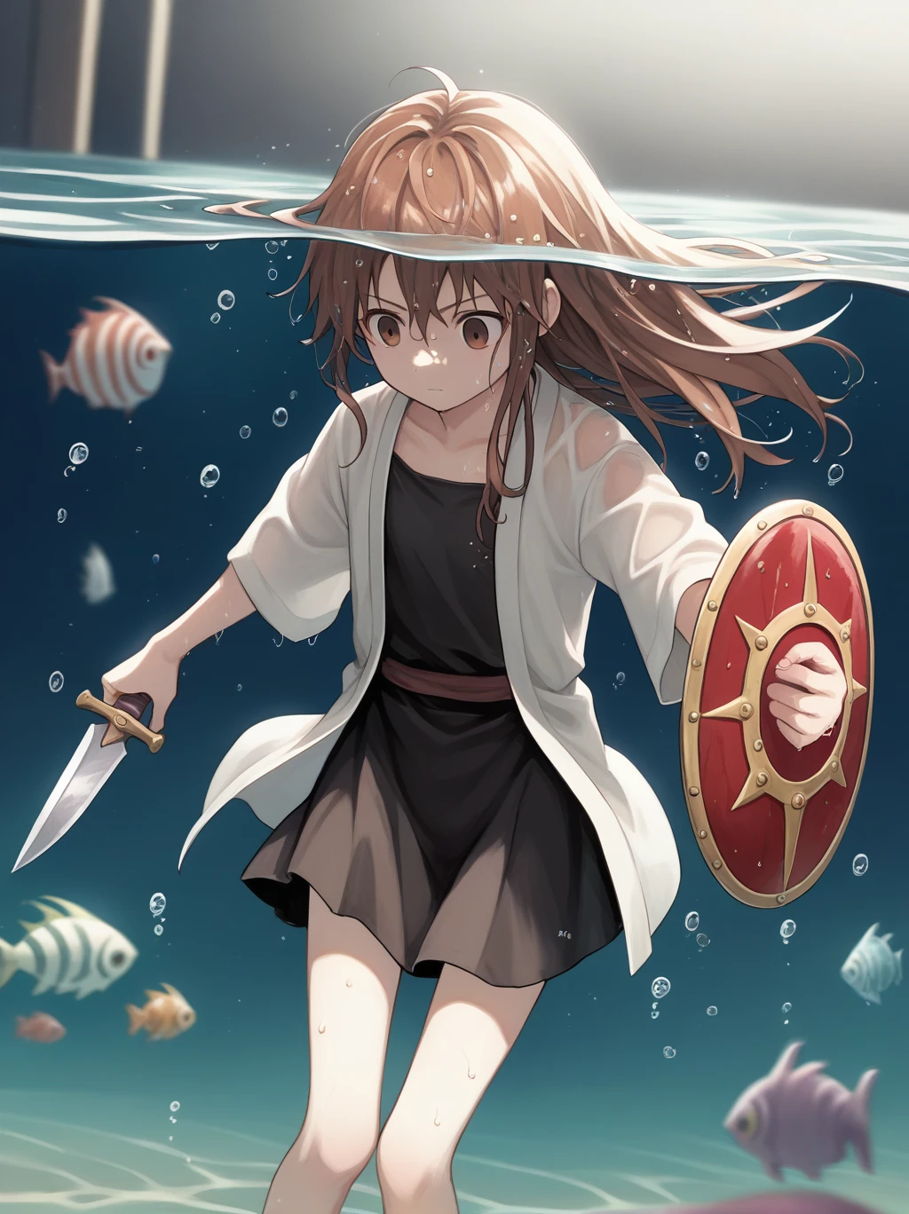 score_9, score_8_superior, score_7_superior, score_6_superior, sauce_anime, Partially underwater,最high quality,high quality,Simple leather clothing, One girl, Long Hair, Brown Hair, Wet Hair, Dark Background, Blurred Edges,8-year-old,Adventurer,Flat Chest,Pitch-dark underground labyrinth,No light,Robe,Equipped with a dagger and a shield,水面よりsuperiorの顔,Body in water, Underwater Photography,The skirt flips up due to buoyancy