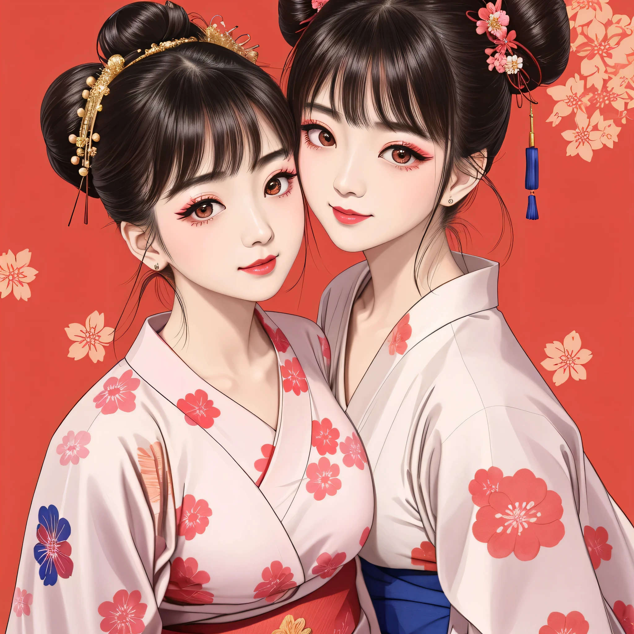 Each has a different expression２People and sisters、(２ girls）、｟Dancing traditional arts with grace)、((Big Breasts、Small Face、Not exposed))、Highest quality、masterpiece、（Black Hair、Bun Hair）、Brown Eyes、｟Wide angle、Angle from above the waist、雑誌の表紙のtracing、Their gazes are different, staring into the distance｠、(８K High Quality、masterpiece、High resolution、Realistic and beautiful light and shadow、(Highest quality)、(High Resolution)、(Very delicate and beautiful)、(Beautiful 8k face)、(With a smile、Beautiful eyes)、(Clear skin)、(Soft hair)、(８Head to Body)、(A Japanese-style yukata kimono with red, pink, orange and blue floral patterns on a white background, interspersed with gold powder、Wearing a yukata２Beautiful Japanese girls)、((Tanabata decoration background))、((Small Face))、(arms up)、Thin and small nose、（Red lipstick）、（Make your cheeks red）、（Glossy skin）、((Ink painting style))、Very thin eyebrows、Overall ultra-high image quality、（She is wearing maiko-style makeup.）、Whitening、Long and beautiful eyelashes、Glowing Skin、（Red cheeks）,Straight nose、masterpiece、Highest quality、whole body、 Eyebrows visible through hair、Bun Hair、Grin、gal、コgal、Viewer&#39;s eyes、Plaid、Stylish、woman、fine、tracing、
Waiting to start 
