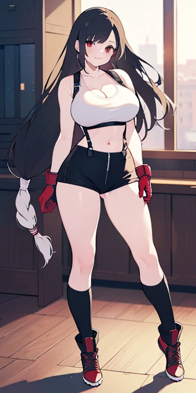 (8K, best quality, masterpiece:1.2), (Practical, photo-Practical:1.37), (whole body), 1female Solitary girl, permanent, , (broad stance) permanent contrapposto, Extremely detailed, 1 girl,Lovely, Solitary, (Tifa Lockhart), (Large Breasts:1.5),(((Full and soft breasts,)))(((Huge breasts))) (((Cleavage))) (beautiful detailed Eye), (Smile:1.2), (Shut up), Clear focus, Depth of Field, Good composition, Final Fantasy VII, Very long straight hair, Hair bangs, ((Red_Eye)), complex, Bokeh, (Tetsuya Nomura style), Perfect breasts, White vest, Black Thong, Suspenders, Gloves, stocking, Fit body, sports, Wide hips, Thin waist, Toned arms, Exposing the belly, View from behind
