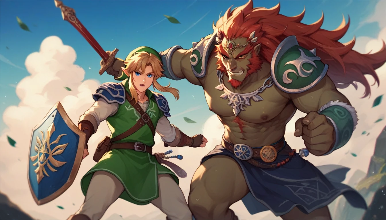 Link with the Hylian shield and the master sword with Zelda fights Ganondorf with Majora's mask and Ganon ghibli style