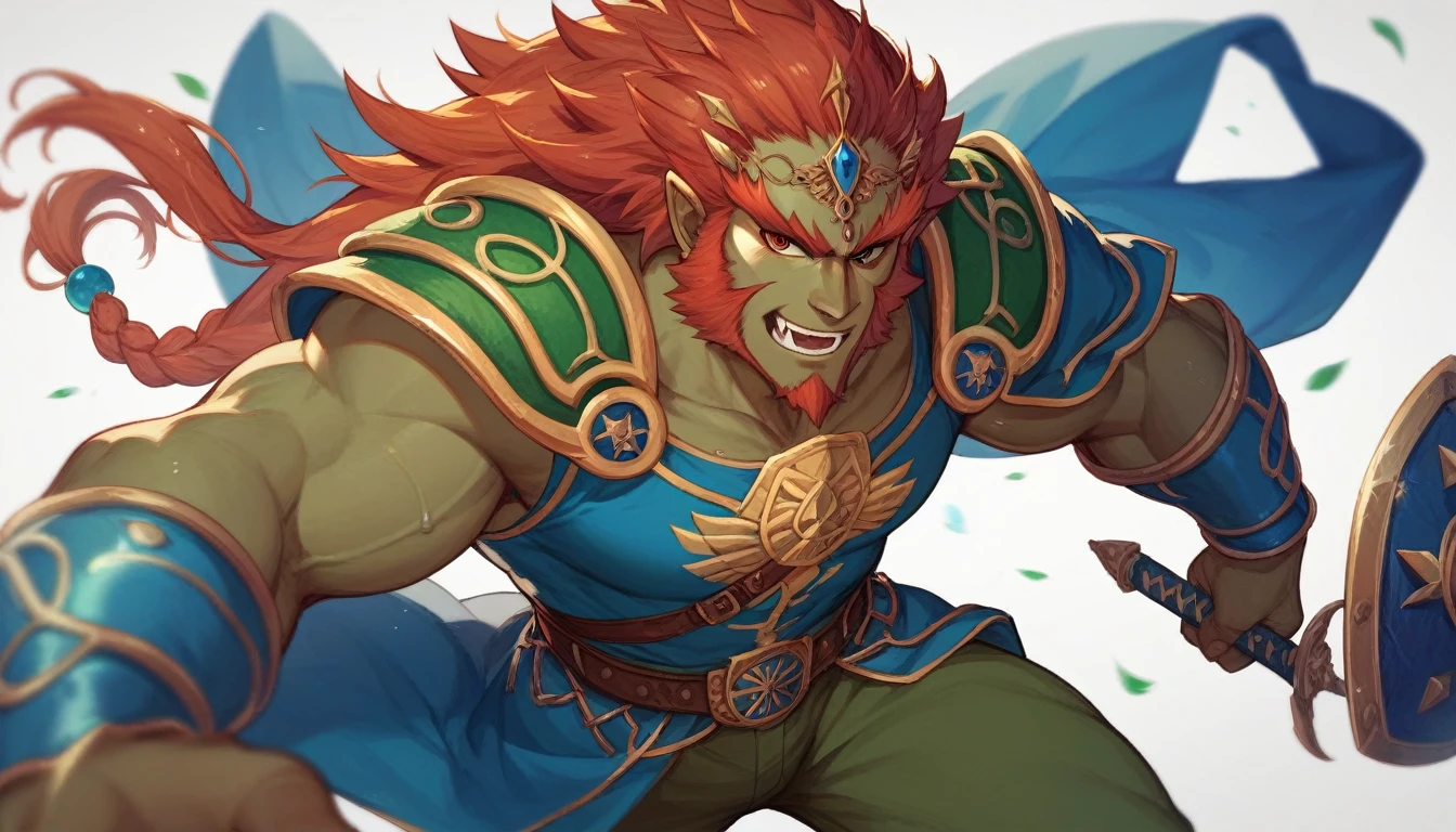 Link with the Hylian shield and the master sword with Zelda fights Ganondorf with Majora's mask and Ganon ghibli style  