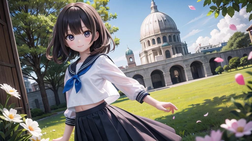 (masterpiece),  town,  blue sky,  One Girl,  smile,  alone,  Sailor suit、Long skirt,  Overgrown,  petal,  plant、Skirt lining、Translucent slip、Nostalgic