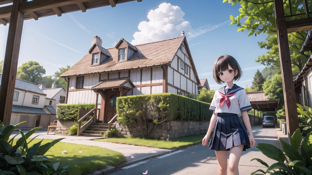 (masterpiece),  town,  blue sky,  One Girl,  smile,  alone,  Sailor suit、Long skirt,  Overgrown,  petal,  plant、Skirt lining、Translucent slip、Nostalgic