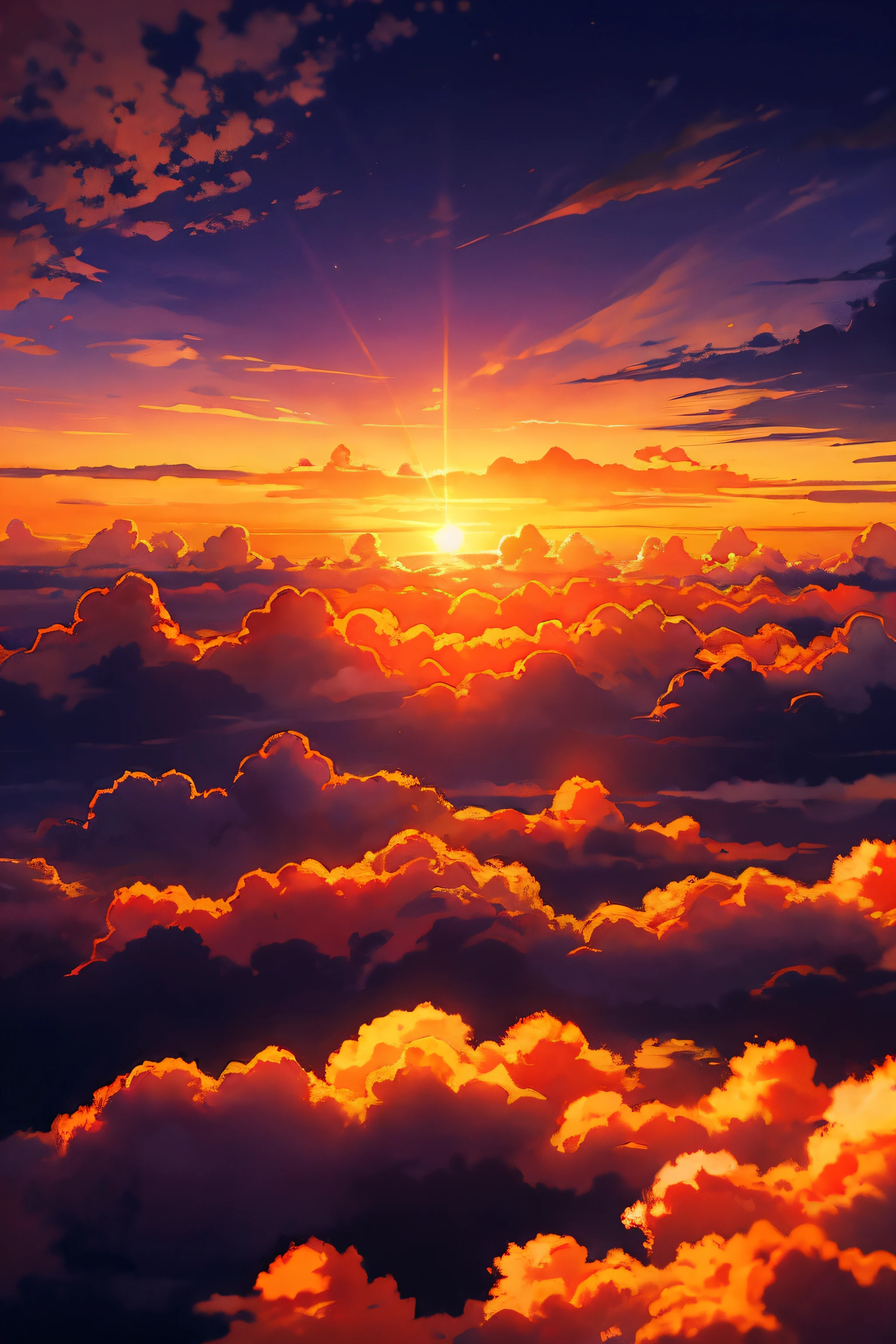 . The sun begins to descend behind the dark horizon. Photograph: The sun lowers in the sky, Paint clouds in shades of orange and purple.