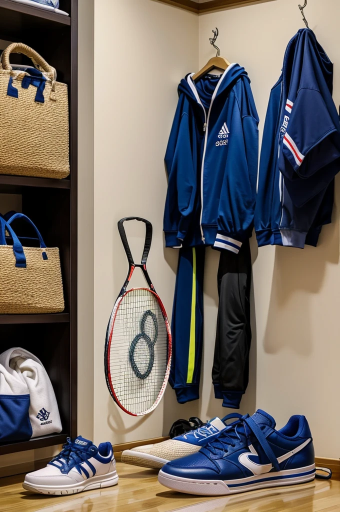 There is an open sports bag in one corner of the room。There is a badminton racket and some badminton  in the bag。There were also a pair of sneakers and some sweatshirts scattered on the front of the bag.。