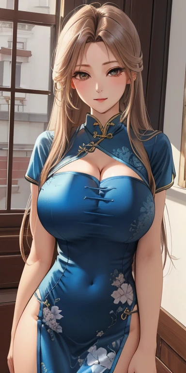 Belldandy, Large Breasts(((Full and soft breasts,)))(((Huge breasts))) (((Cleavage))), permanent, Solitary, cheongsam,, masterpiece, best quality, Delicate face, Delicate eyes, high resolution,