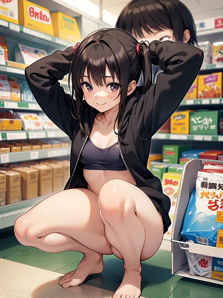 masterpiece, best quality, girls, , (petite), twintails, looking away,
seductive smile, squatting, arms behind head, naked hoodie, open clothes, bare small breasts, in supermarket,