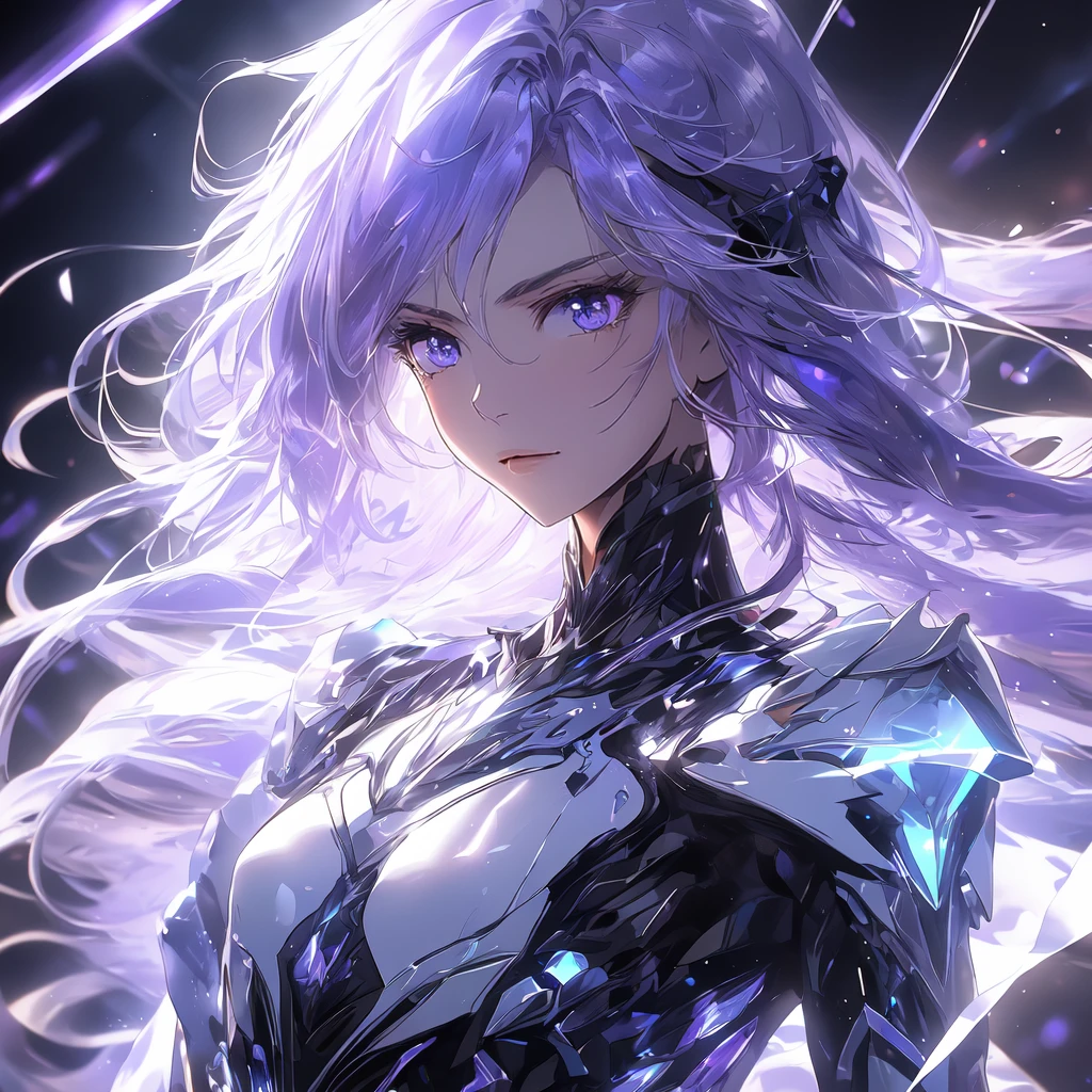 (anime, in the style of Arknights, detailed face, dynamic face, incredibly absurdres, smooth, 8k wallapaper, masterpiece, hyper extreme detailed:1.2), (flat chest, long hair, neat hair, flat chest, solo:1.42), 1girl, face shot, dutch angle, goddess, blue eyes, (tsurime, glaring, glare, side eye, shiny hair, glowing hair, translucent, crystal hair:1.23), (ghostly hair, purple hair:1.32), mythical, purple flames, crystallineAI, (white heavy armor, white high tech armor, white armor, white dress, white royal dress:1.33), armored dress, royalty, no chest skin exposed, covered breasts, full armor, no expression, (bodysuit:0.88)