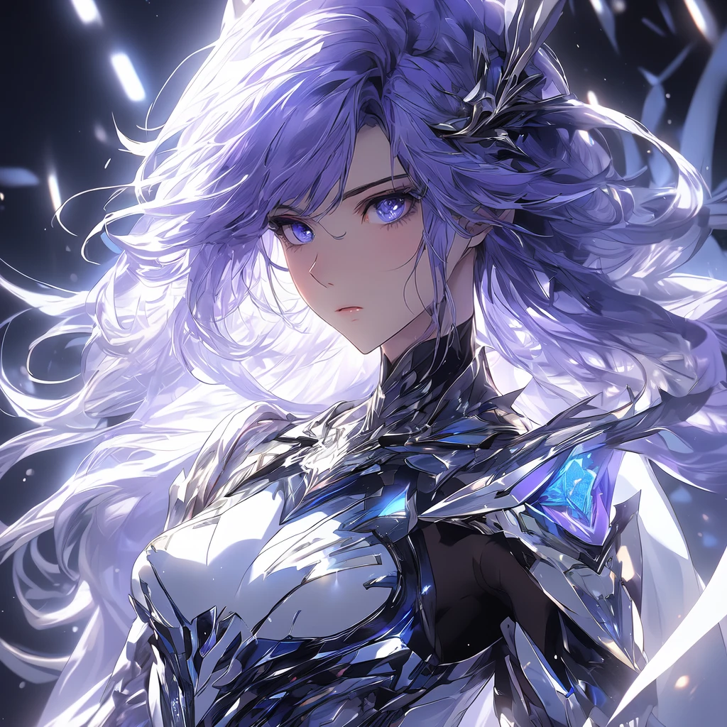 (anime, in the style of Arknights, detailed face, dynamic face, incredibly absurdres, smooth, 8k wallapaper, masterpiece, hyper extreme detailed:1.2), (flat chest, long hair, neat hair, flat chest, solo:1.42), 1girl, face shot, dutch angle, goddess, blue eyes, (tsurime, glaring, glare, side eye, shiny hair, glowing hair, translucent, crystal hair:1.23), (ghostly hair, purple hair:1.32), mythical, purple flames, crystallineAI, (white heavy armor, white high tech armor, white armor, white dress, white royal dress:1.33), armored dress, royalty, no chest skin exposed, covered breasts, full armor, no expression, (bodysuit:0.88)