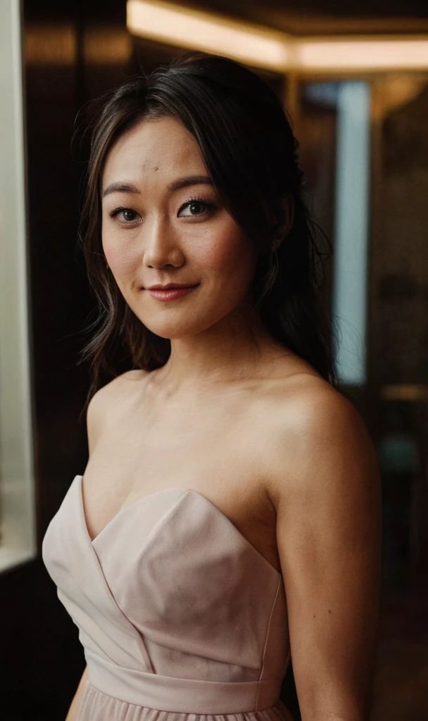 a beautiful picture of fukuharaXL ,woman,dark hair,detailed skin texture,masterpiece, photorealistic, light, RAW color photo,(fully in frame:1.1), (blush:0.5), (goosebumps:0.5),wearing a dress,detailed face,indoors, (smile:0.5), film grain,cinematic lightning,