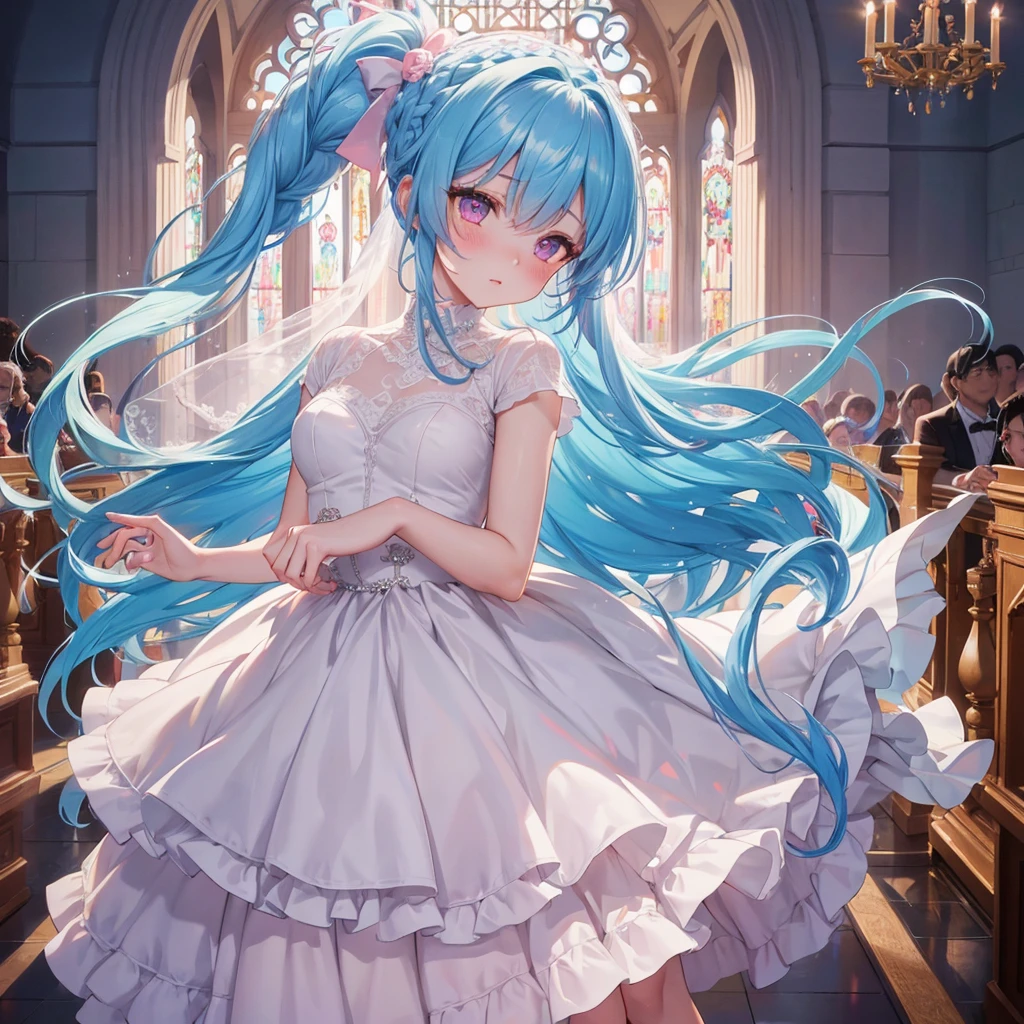 sky Blue hair, (braided ponytail),(pink eyes),fair skin ,(full body),(1 girl),bride,soro,blush,Straight Bangs, June Bride,Wedding dress,(masterpiece, best quality, ultra-detailed, best shadow), (detailed background), (beautiful detailed face), high contrast, (best illumination, an extremely delicate and beautiful), ((cinematic light)), colorful, hyper detail, dramatic light, intricate details,Wedding hall,