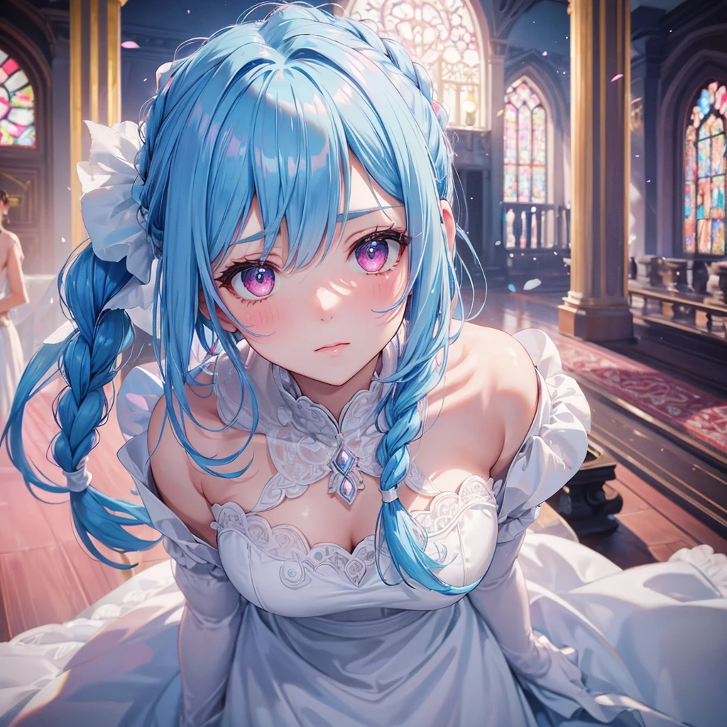 sky Blue hair, (braided ponytail),(pink eyes),fair skin ,(full body),(1 girl),bride,soro,blush,Straight Bangs, June Bride,Wedding dress,(masterpiece, best quality, ultra-detailed, best shadow), (detailed background), (beautiful detailed face), high contrast, (best illumination, an extremely delicate and beautiful), ((cinematic light)), colorful, hyper detail, dramatic light, intricate details,Wedding hall,