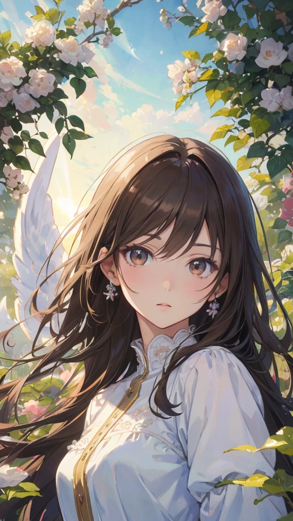 Official Art, Representative works: European women, Angel, White Wings, Light brown hair , Brown eyes, (masterpiece、Top quality、high resolution: 1.4),8K, Anime Art Nouveau, Very detailed and beautiful fan art, Anime fantasy illustration, Clean and detailed anime art, Detailed anime art, Clear focus, Fine and beautiful hair,Eyes and face, realism, Extremely detailed, Garden, Sunlight,