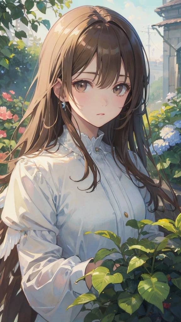 Official Art, Representative works: European women, Angel, White Wings, Light brown hair , Brown eyes, (masterpiece、Top quality、high resolution: 1.4),8K, Anime Art Nouveau, Very detailed and beautiful fan art, Anime fantasy illustration, Clean and detailed anime art, Detailed anime art, Clear focus, Fine and beautiful hair，Eyes and face, realism, Extremely detailed, Garden, Sunlight,