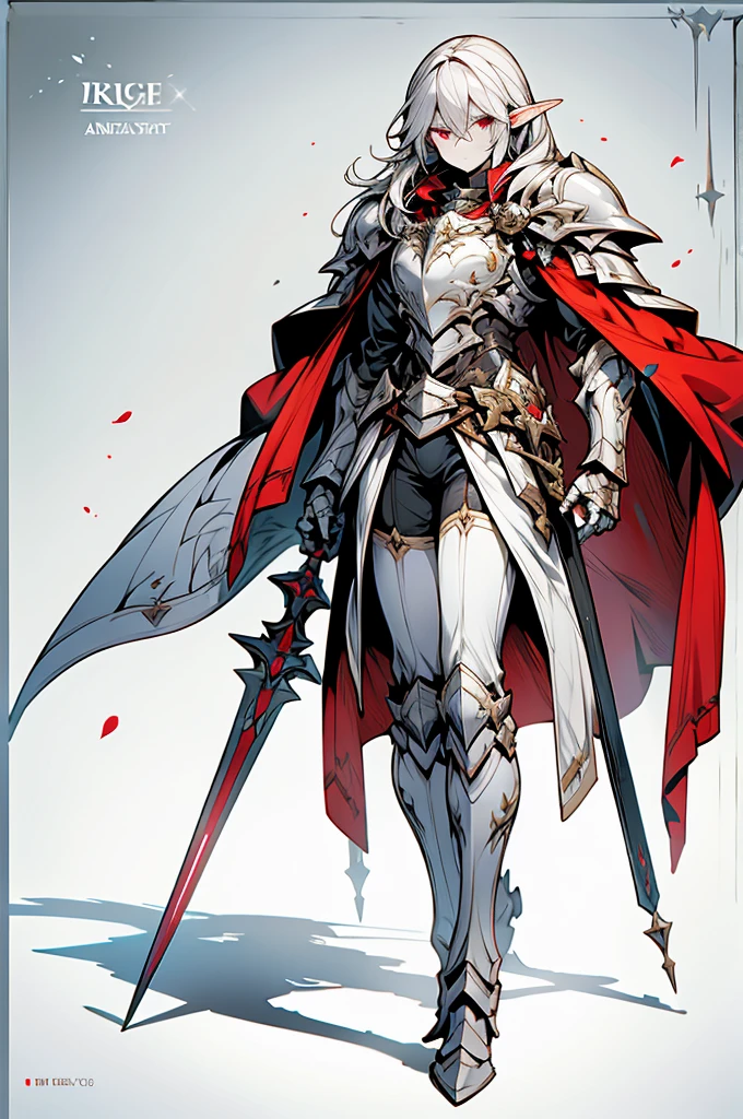 male half elf knight, full body art, silver hair, white skin, red iris eye, knight full plate adorned armor, silver cape, perfectly detailed.