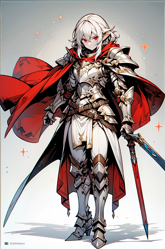 male half elf knight, full body art, silver hair, white skin, red iris eye, knight full plate adorned armor, silver cape, perfectly detailed.