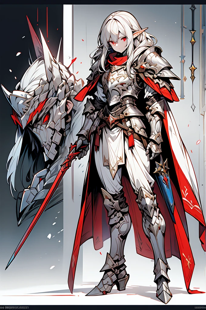male half elf knight, full body art, silver hair, white skin, red iris eye, knight full plate adorned armor, silver cape, perfectly detailed.