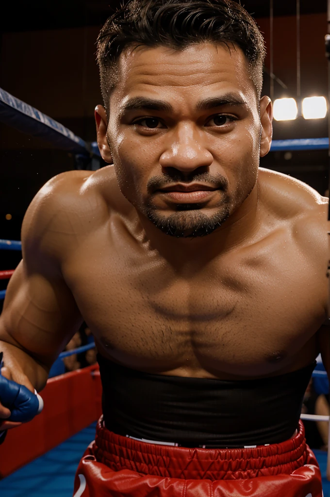 4D Caricature with big head. A man wearing boxing. and use boxing gloves