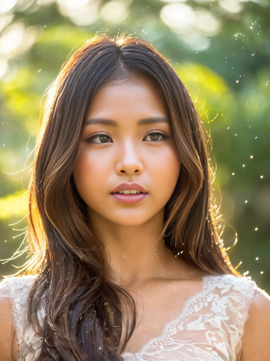 ((of the highest quality, 8K, masutepiece: 1.3)), Women (Full body portrait, Lace dress, Overhead camera, Sharp Focus: 1.2, Cute Woman: 1.4, ((Long hair), Highly detailed face and skin and hair texture, wet texture hair, Wet body, dark brown Detailed eyes, Double eyelids, Beautiful legs, beautiful delicate nose, beautiful Cambodian soft brown skin With dynamic angles, Creates melancholy emotions characterized by calming tones and contrasting mixes of light and shadow, While emphasizing the subject's hair, Eyes, Mouth and behavior, It is pleasing to the eye、It is a thought-provoking composition.