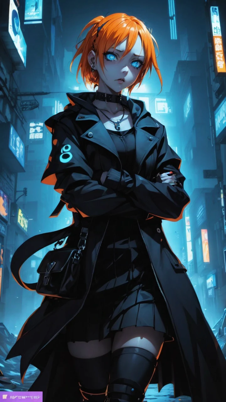Anime, girl, rave, blue eyes, orange hair, embarrassment, sexy expression, ahegao, strong shadows under the eyes, bags under the eyes, ahegao, piercing. Noir, Gothic, cyberpunk.