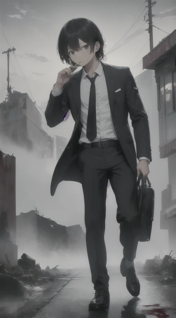 Highest quality, movie quality, scene on the verge of death, ruins, smoking, blood, coat, man (35 years old, tsuntsun head, black hair, coat in a suit, holding a gun in hand, lying on back), rain, fog