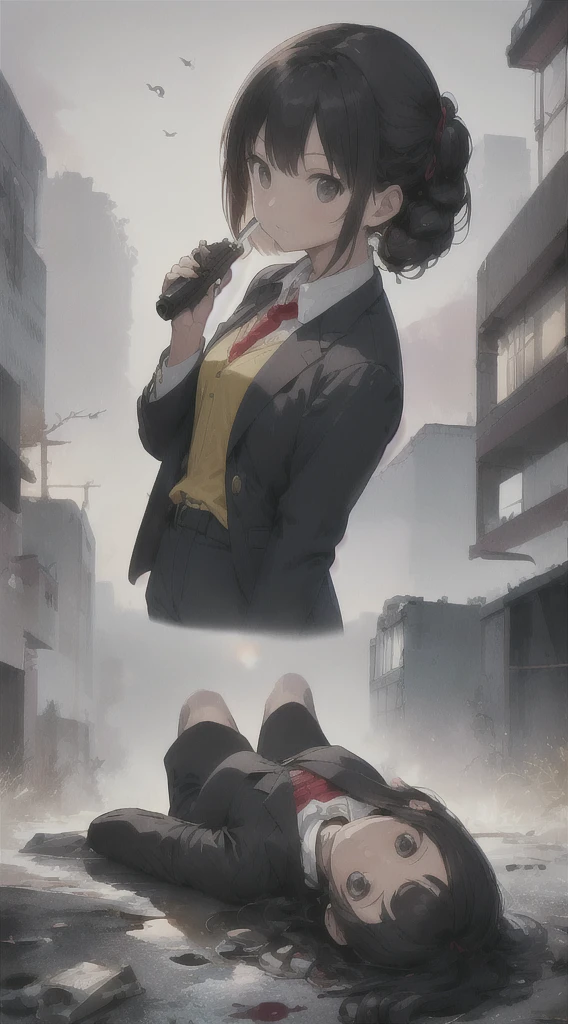Highest quality, movie quality, scene on the verge of death, ruins, smoking, blood, coat, man (35 years old, tsuntsun head, black hair, coat in a suit, holding a gun in hand, lying on back), rain, fog