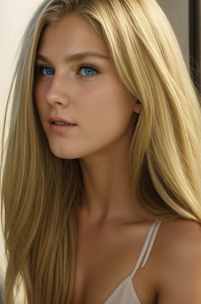 1 girl in, 19yearsold, hair blonde longo, gazing at viewer, hair blonde, greeneyes, whole body, realisitic, sexly, chin hole
