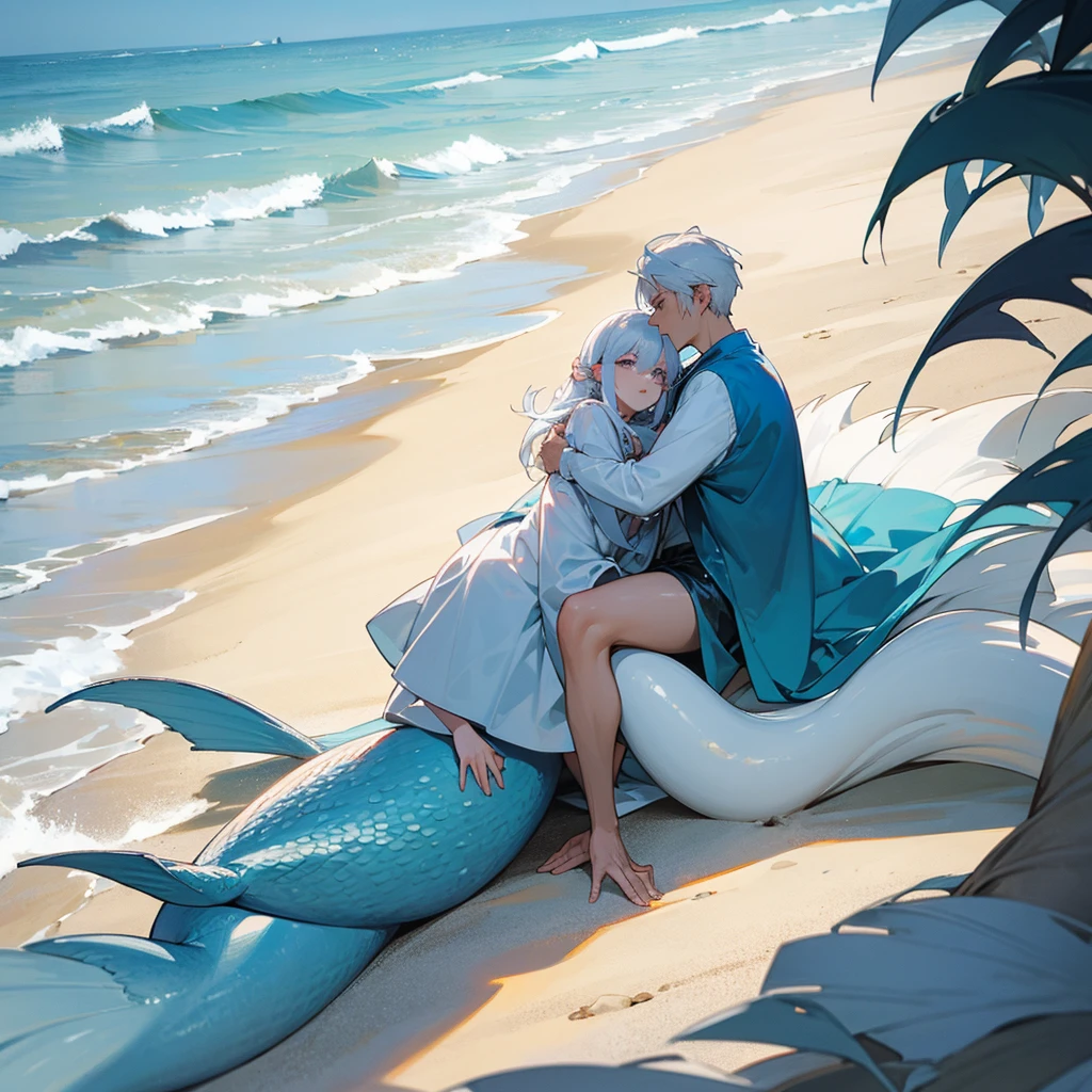 The white-haired man and the mermaid are talking on the beach