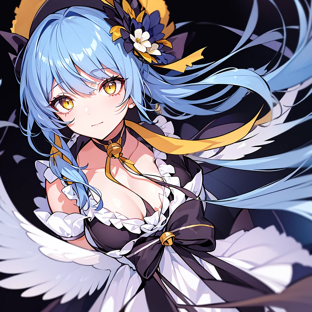 1girl,solo, highres, amamiya_kokoro,yellow_eyes,single_braid,blue_hair,braided_ponytail,long_hair,blunt_bangs,black_dress,black_headwear,black_ribbon,blue_capelet,blue_flower,fur-trimmed_capelet,hair_bell,hair_flower,long_dress,neck_bell,neck_ribbon,white_wings,,upper body,