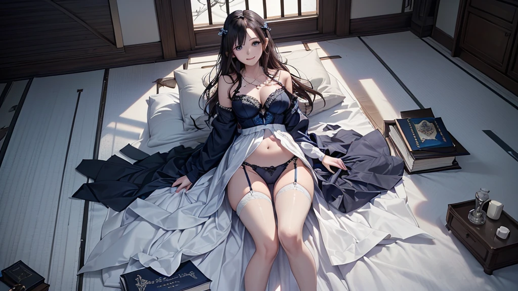 ((Biologically correct limb count))、((Full Body Shot, Full-body photo including face、Head to toe photos))、4K、masterpiece、((Focus on the face))、((Symmetrical facial features))、Eyes of meticulous depiction、One beautiful woman、Excellent style、(( and bras、Garter belt and garter stockings、High heels))、Detailed Description、Small earrings、necklace、High angle、Looking up、Her dark blue wedding dress is open and her pantiesowing.、(((足のBook数は2Book)))、Posing in the snow、smile