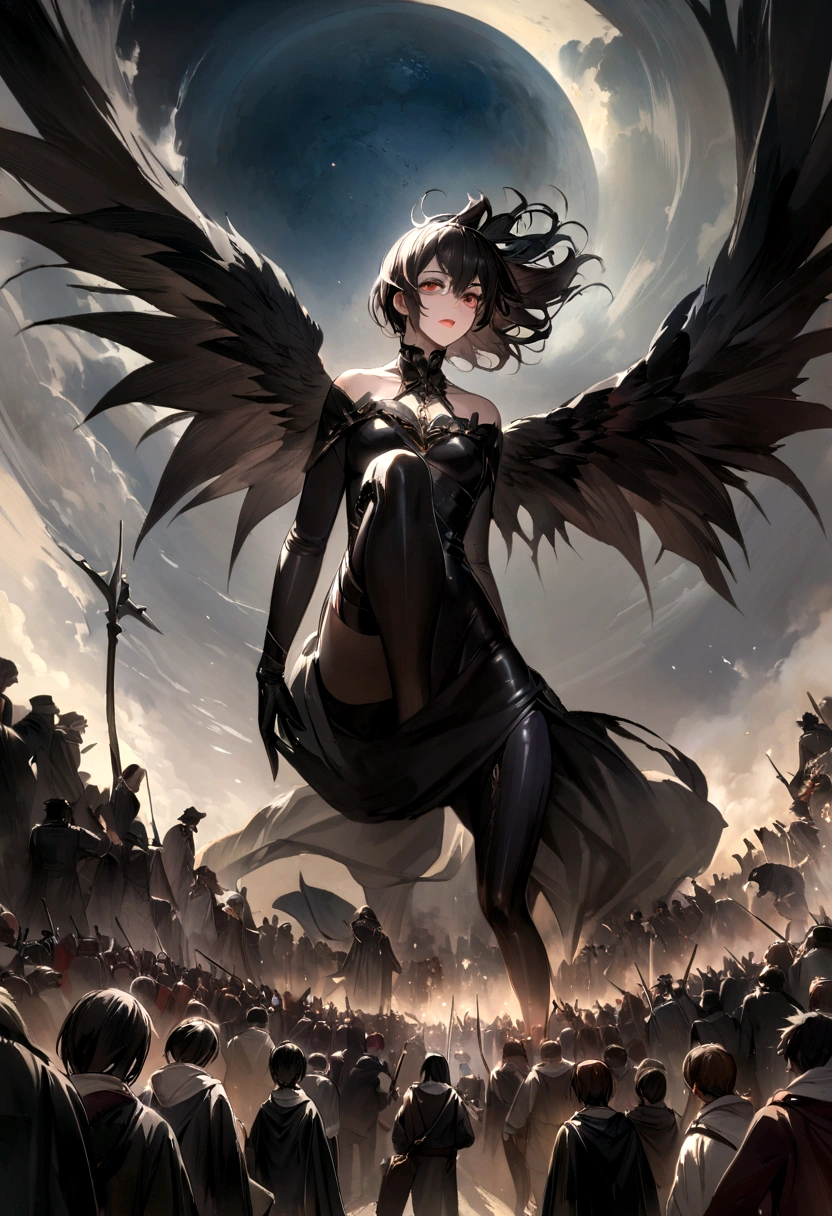 An oil painting, Falling from the sky, breathtaking masterpiece, vivid, Caravaggio, 8K,Angelic,A lot of people,Fallen Angel,Duel Night Battle Angels vs Humans Multiplayer,9 people