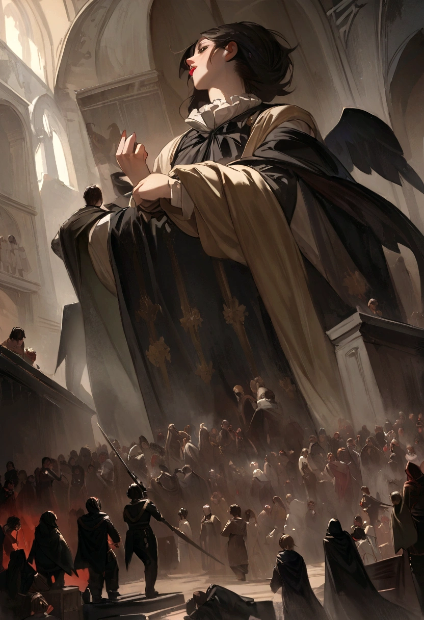 An oil painting, Falling from the sky, breathtaking masterpiece, vivid,  Caravaggio, 8K，Angelic，A lot of people，Fallen Angel，Duel Night Battle Angels vs Humans Multiplayer，9 people