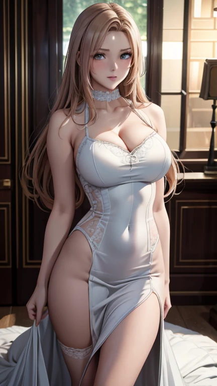 (best quality,4K,8K,high resolution,masterpiece:1.2),Very detailed,(Practical,photoPractical,photo-Practical:1.37),Full body portrait,1 girl, Perfect hourglass illustration, Exquisite features, Mysterious eyes, White transparent dress, Bare shoulders, blush, Shy, Pink long hair, Looking at the audience, (((Full and soft breasts,)))(((Huge breasts))) (((Cleavage))), Depth of writing boundaries, High-definition images、Thin waist